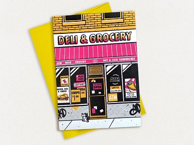 The local bodega, greeting card bodega bodega cat card deli greeting card grocery halftone illustration new york nyc store front