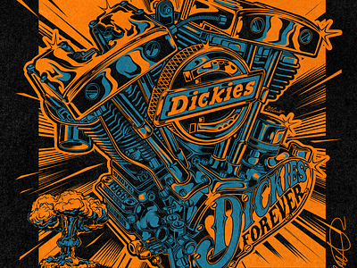 DICKIES FOREVER biker branding d.vicente david vicente design dickies digital art dvicente art.com engine harley davidson illustration inking kustom kulture logo motorcycle motorcycle engine products shovelhead t shirt design