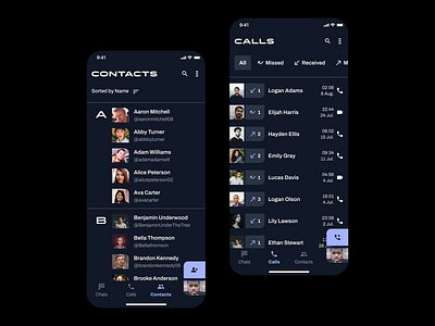 Contact List and Call History Views app audio call chat communication contact design digital list message messaging ui ui design uiux user ux video