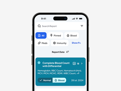 New Lab Test Report Marked as Unread app biology design digital filter health healthcare lab marked medical mobile report result search test ui ui design uiux unread ux