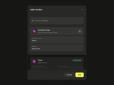 New Vendor Modal ➕ app dark design finance interface minimal modal pivot preview procurement product slack supplier ui ux vendor