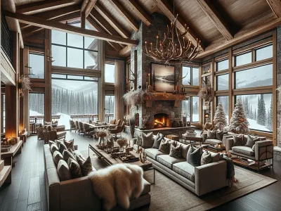 Cozy Background candlelit room cozy cabin evergreen trees fireplace scene fluffy snowflakes frosted windowpane furry blankets glowing lanterns holiday decorations hot cocoa mug icicles hanging mittens and scarves snow covered forest snowman in the yard snowy landscape steaming tea kettle warm woolen socks winter wonderland wooden sled