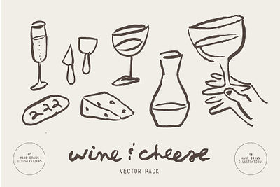 Wine and Cheese Illustration Vector Pack branding cheese graphic design hand drawn illustration vector wine