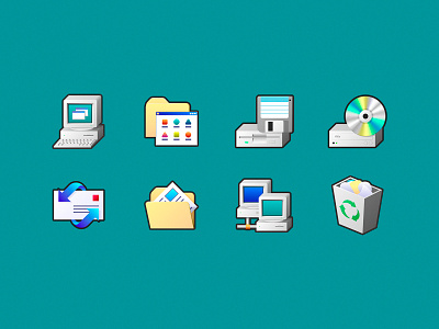 Windows 90s icons archive bin cd computer disk email floppy folder hd iconography icons illustration microsoft outlook pc recycle retro ui vintage windows