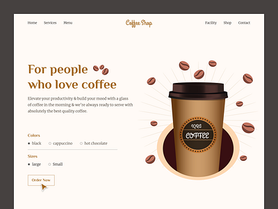 Coffeeshop header design brew cafe cafeteria cappuccino coffee header coffeeshop cup drinks espresso food website header hero section homepage iqra khanmohammadiqra landing page latte minimal tea web