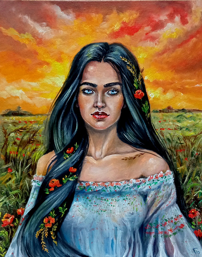 Original oil painting, Ukrainian Woman in the field, Ukrainian art girl hand painted handmade paint painting style ukraine ukrainian woman