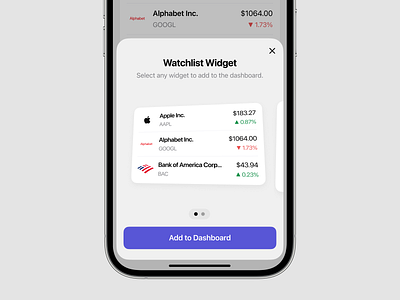 Watchlist Dashboard Widget - Concept app dashboard dashboard widget finance finance app ui fintech app fintech app ui ios mobile sarjil ui ux widget widget selection