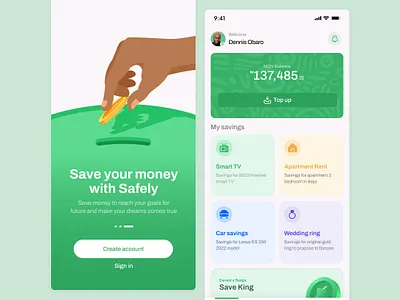 Safely - mobile app for saving money. branding budget credit cards design finance app fintech green illustration ios mobile mobile design payment save money savings spending startup ui uiux ux wallet