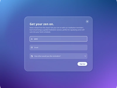 Meditation Reminder Sign Up blue branding dailyui form glass gradient input minimalist modern purple signup translucent ui