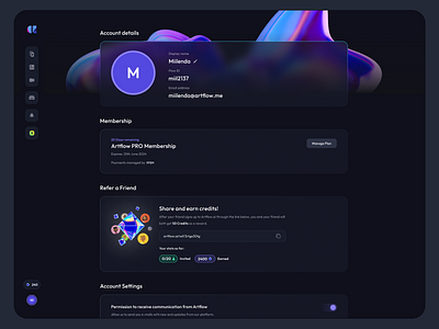 Artflow User Account Page ai app ar dark dashboard design designer image membership payment plan profile settings ui user user profile ux web