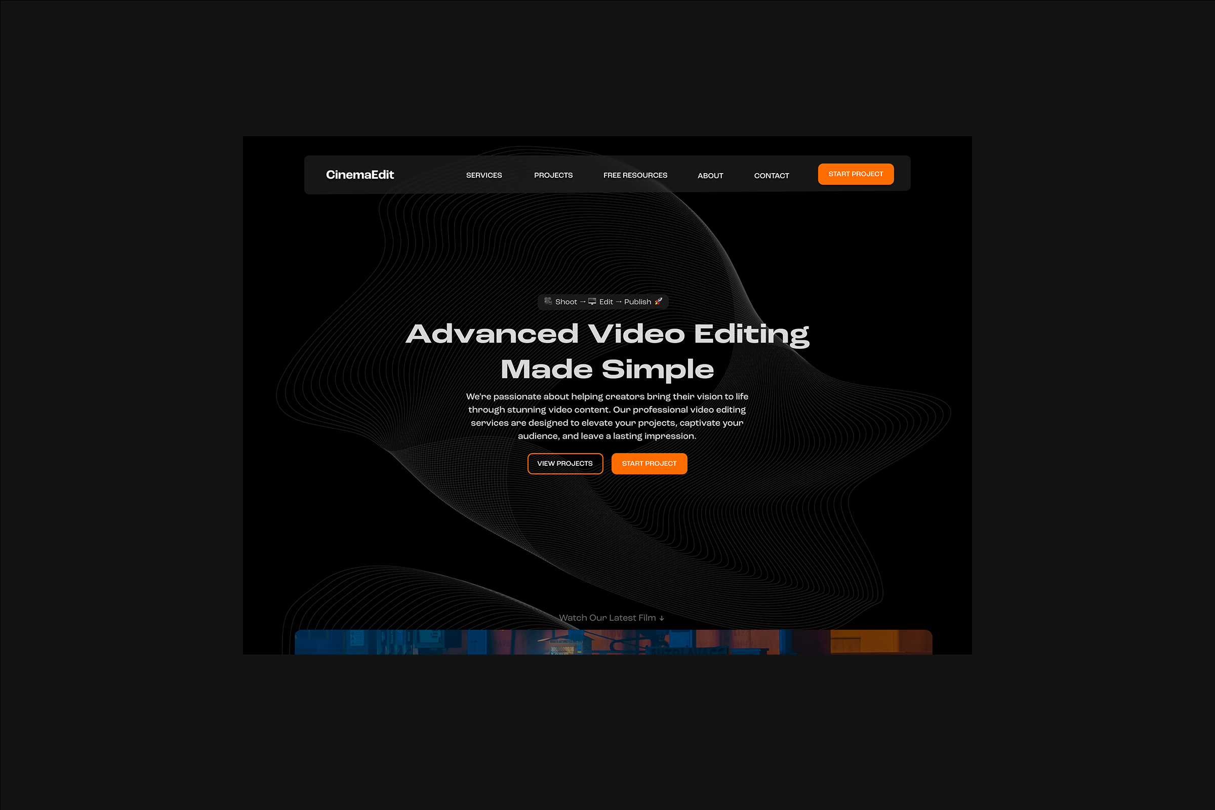 Video Editing Service Provider Website business website dark mode dark website darkmode figma landing page orange ui service website startup website transparency transparent navigation ui ux video editing video website web design webflow website youtube