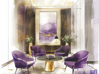 Pretty Purple Setting Area amethyst mountainscape background candlelit room design holiday decorations illustration purple setting area sitting chairs