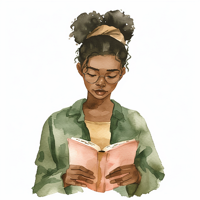 Young Lady Deeply Reading african american girl book glasses green reading reading time