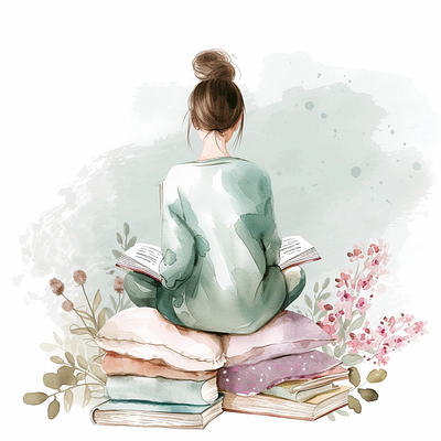 Back Turn Reading A Book back turned digital flowers girl green illustrator pillows reading updo watercolor