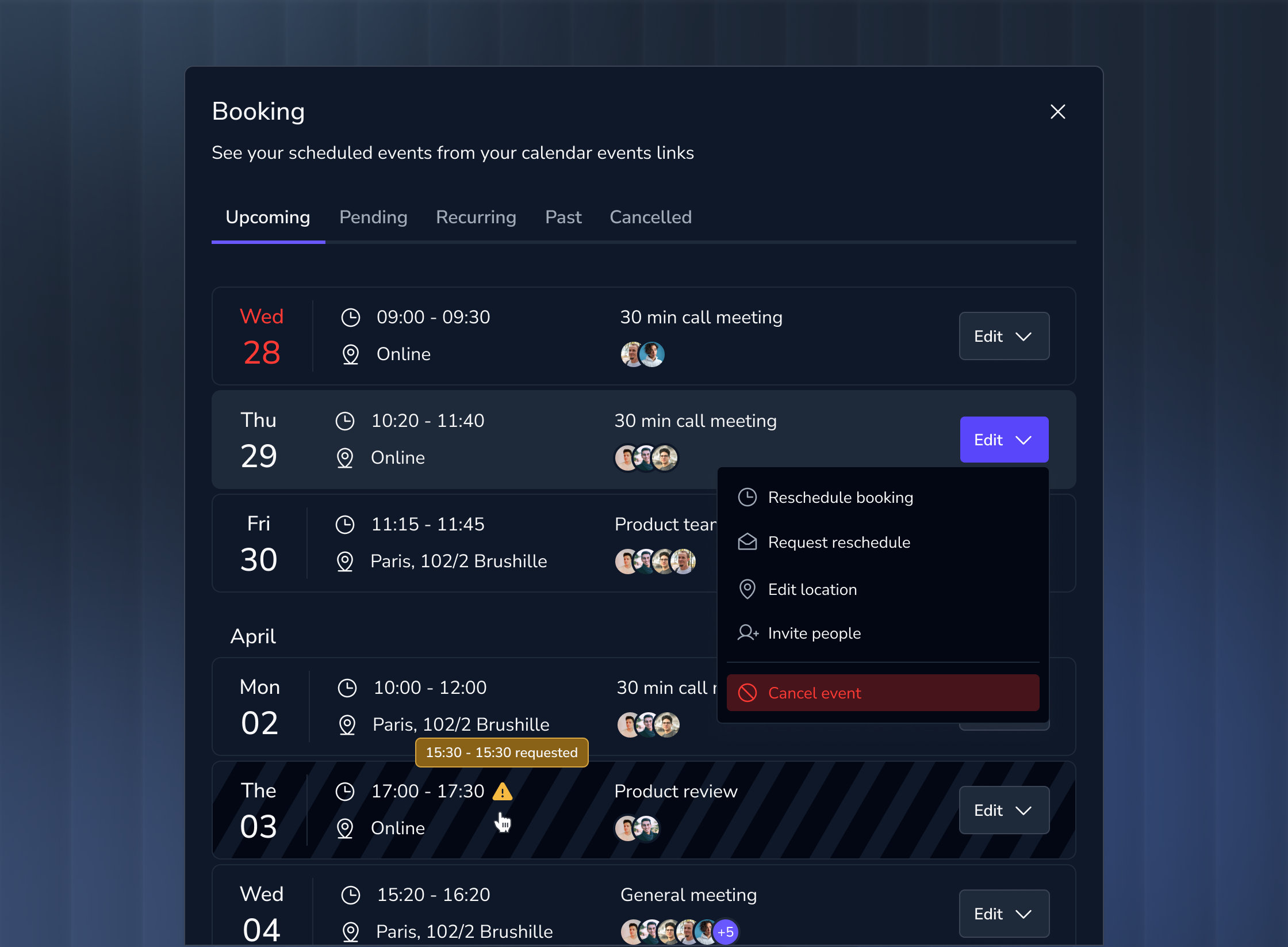 Book meeting UX/UI Design | Starsheet book booking calendar context dark dates design dropdown flat light manage menu modal mode schedule states tabs tooltip ui ux