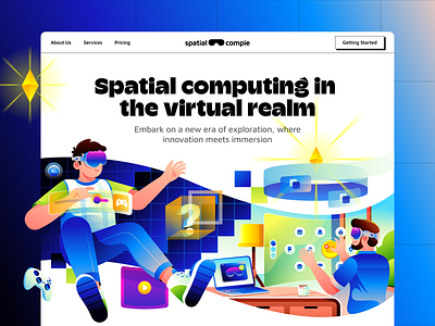 Spatialcompie - Spatial Computing Header Illustration augmented reality character design futuristic gaming graphic design header hero illustration illustration landing page space spatial computing virtual reality vr vr headset work