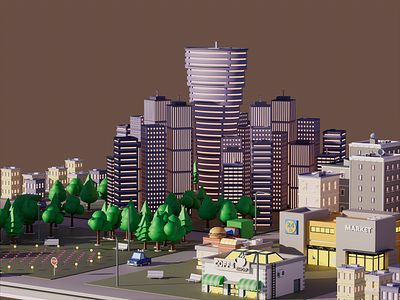 3D City Model - Daylight 3d 3d modeling 3dart 3dmodel c4d cafe cars cinema4d city coffeeshop design dribbble futuristic city market skyscrapers trees