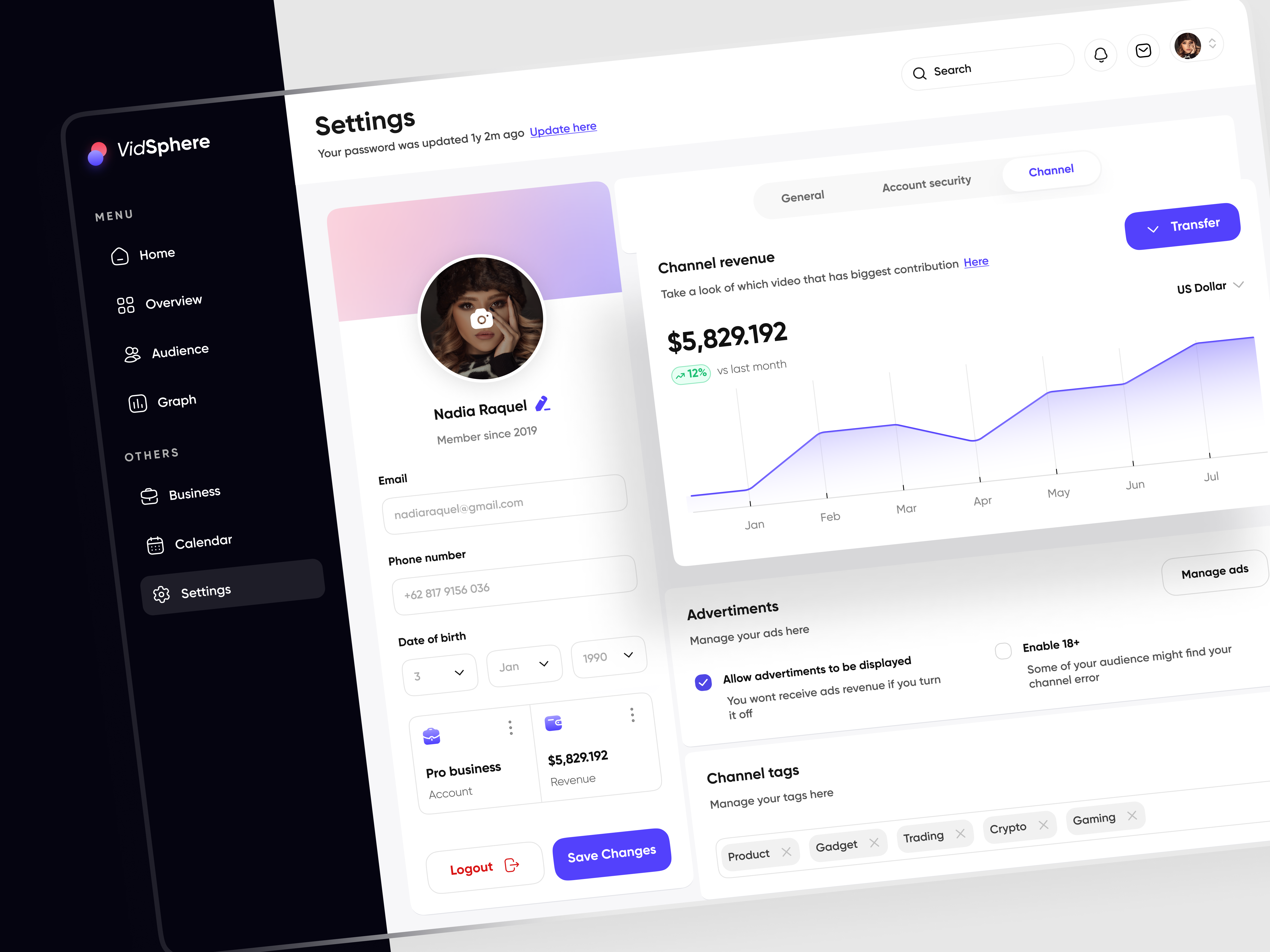 VidSphere | Web dashboard settings animation branding chart design graphic design illustration landingpage logo profile revenue saas setting ui uidesign uiux ux uxdesign vector web website