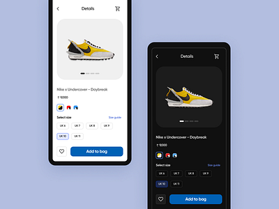Product details screen add to cart cart components darkmode design ecommerce favourites figma product design selection ui ux