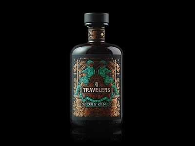 4 Travelers Gin bottle branding design fantasy gin graphic design illustration label rum space vintage vodka whiskey