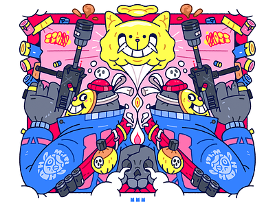 Masks, Arms & Golden Cats. 2d cartoon cat character characterdesign gun hat illustration illustrator jacket mask mirror pink skull