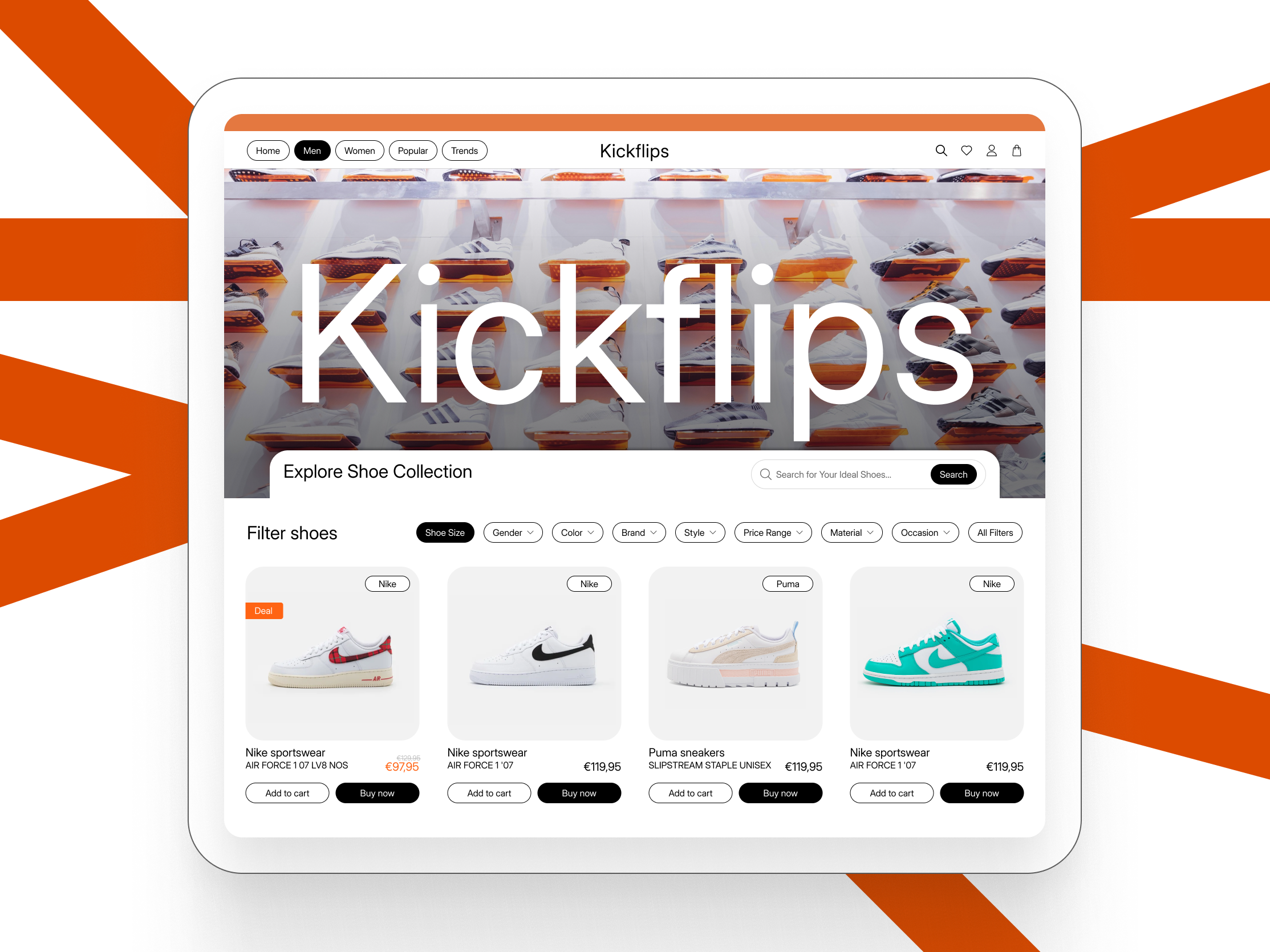 Kickflips Website app branding design e commerce explore figma flips illustration kick orange gray search shoe shoe selling shoe selling website ui uiux ux web design website website explore