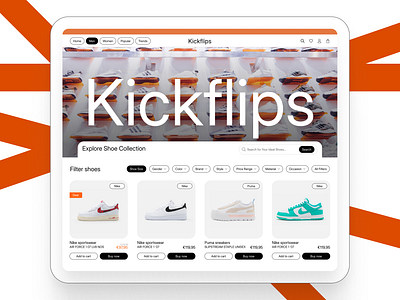 Kickflips Website app branding design e commerce explore figma flips illustration kick orange gray search shoe shoe selling shoe selling website ui uiux ux web design website website explore