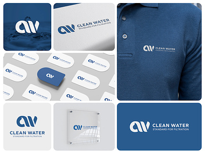 Clean Water logo design blue business card c clean water cw drop filter lettermark mockup polo shirt presentation pure water sign tagline w water water cleaner water drop water filter water filtration