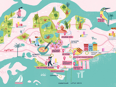Singapore 2d character digital editorial folioart icons illustration map olivia waller singapore texture travel