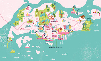Singapore 2d character digital editorial folioart icons illustration map olivia waller singapore texture travel