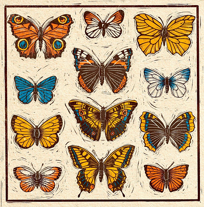 Butterflies 2d digital ella ginn folioart illustration insects lino cut nature print science texture wildlife