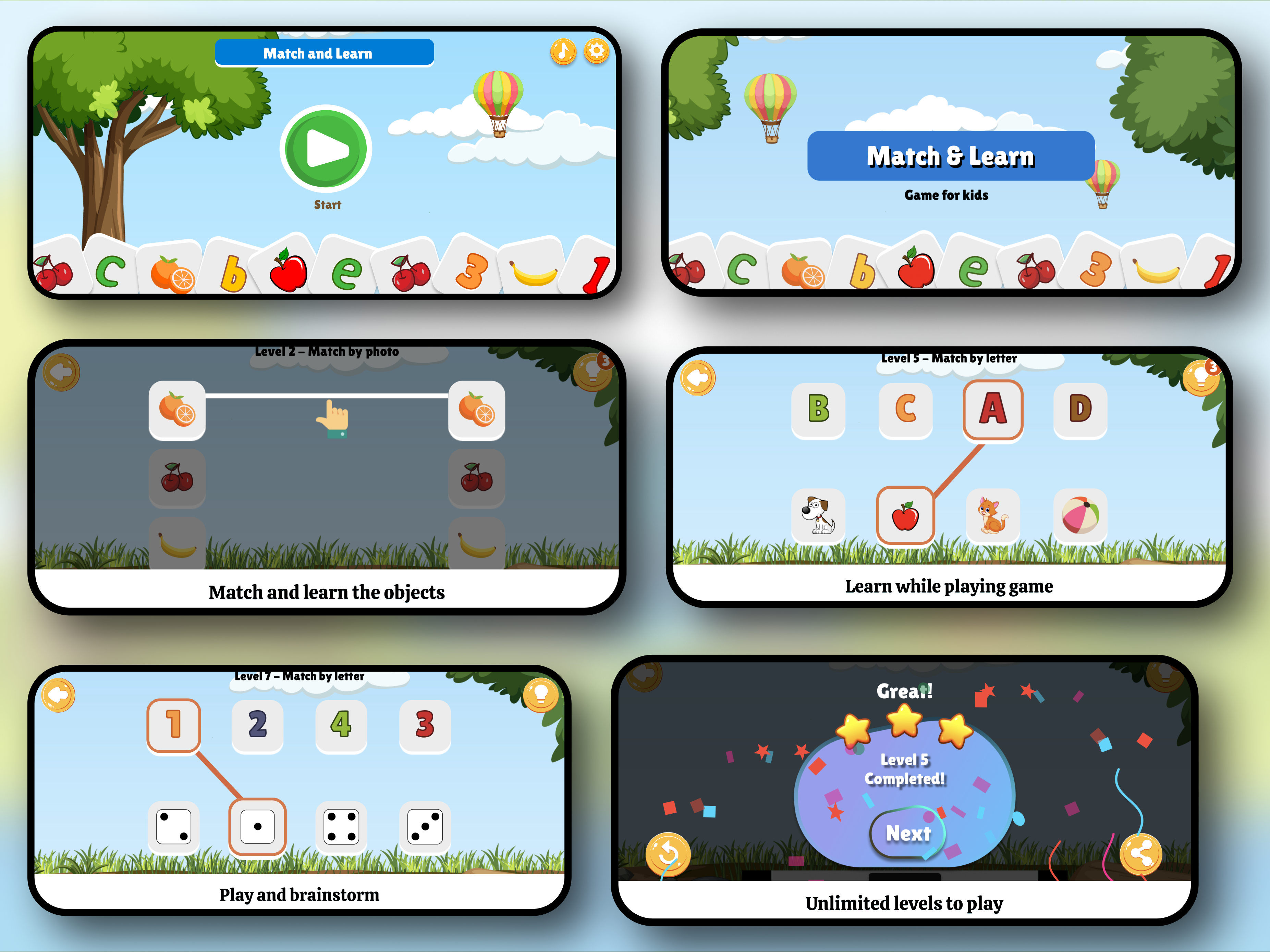 Match and Learn game for kids app design graphic design ipad mobile ui