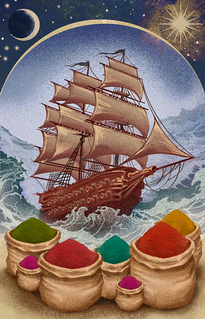 Spice Trader 2d digital drawing editorial folioart historical history illustration julian de narveaz ship texture traditional voyage