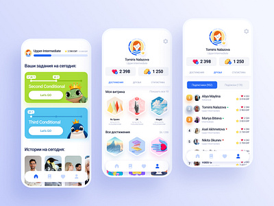 GUI design for an English learning app achievements app design english friends gamification gui language learning mobile rating tasks ui