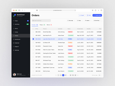 Orders management list page black blue buttons cards concept dashboard management navigation orders products saas sidebar table task ui ux web design white