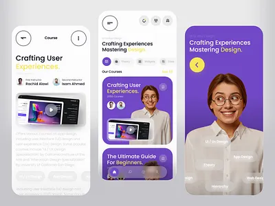 Design learning mobile application UI/UX app design inspiration branding design glassmorphism learning app light mode minim minimalist mobile app poppins product design purple ui ui ux ui ux design user experience ux yellow