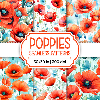 Poppy flowers seamless patterns aquarelle art illustration poppy flowers watercolor
