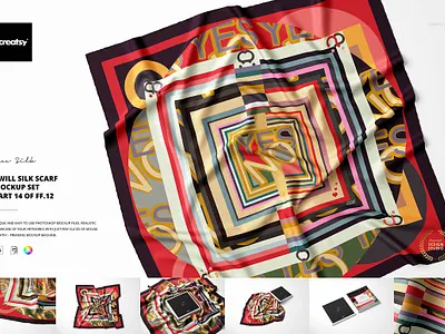 Twill silk Scarf Mockup Set creator custom customizable design designed generator pattern patterns personalized printed smart object surface template templates twill silk scarf mockup set