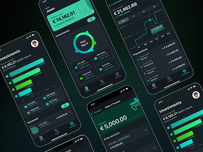 SmartStack App Concept app branding darkmode dashboard design finance glucode graph icon investments mobile overview portfolio transactions ui ux