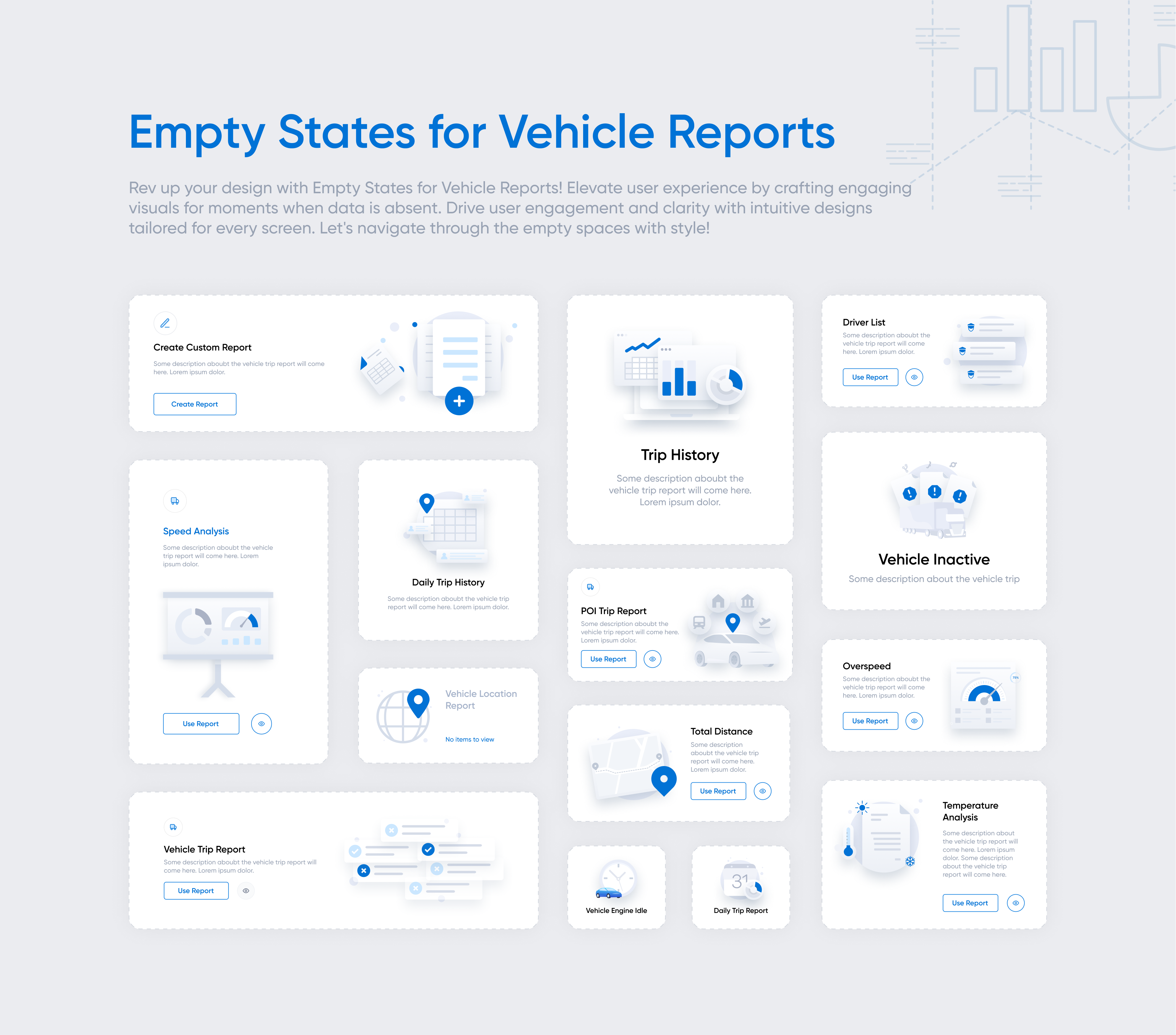 Empty States for Vehicle Reports empty states fleet management illustration place holders reports ui ux vehicle