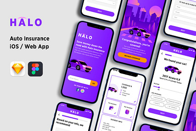 Halo - Auto Insurance UI Kit android app application auto automotive bank car claim deductible halo auto insurance ui kit icon insurance insurance company insurance policy ios money road save vehicle wreck