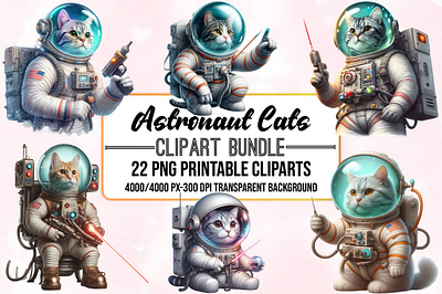 Watercolor Astronaut Cats Clipart Bundle