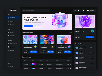 NFT Dashboard Design admin panel admin ui clockchain crypto crypto dashboard crypto wallet cryptocurrcncy darkmode dashboard ui nft nft market nft marketplace nft platform nft product ui ui design uiux wallet webapp web design