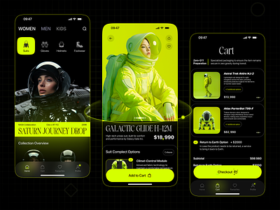 Space Shopping App: Galaxy Gate ai art app branding cart design checkout exploration home screen midjourney shopping shopping app space ui vibrant design