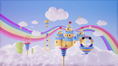 Pug Flight Animation 3d 3danimation 3dart 3ddesign 3drender animation blue c4d castle cinema4d creativeart flight obstacles pug rainbow sky