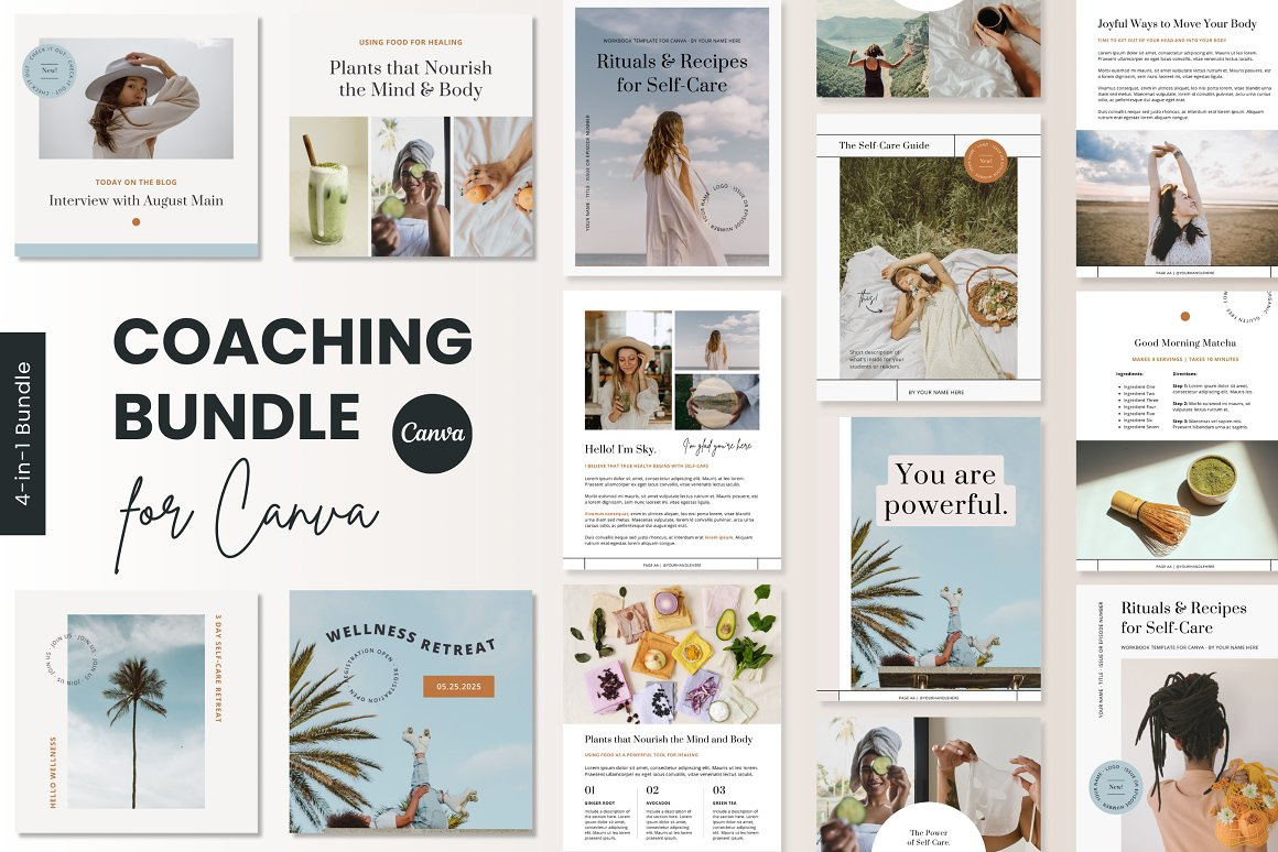4-in-1 Coaching Bundle for Canva canva bundle canva instagram canva instagram story canva template canva website canva workbook template client welcome packet health coach sales page template self care wellness workbook