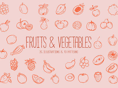 Fruits and Vegetables Illustrations & Patterns Collection branding design elements food fruit futuristic geometric graphic design illustration ink line art minimalistic objects packaging pattern poster ui vegetable