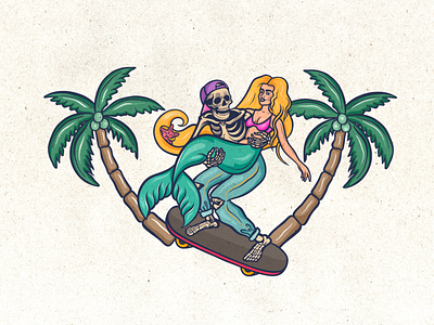 Ride or Die beach beach illustration concept design graphic design illustration longboadr longboarding merch design mermaid palm tree ride or die skate skateboarding skeleton skull surf design surf illustration surfing surfing illustration