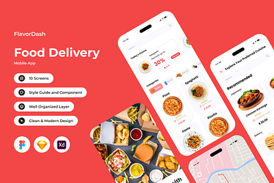 FlavorDash - Food Delivery Mobile App application delivery direction drive fast foods interface layout location map menu mobile order satisfaction user