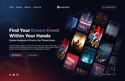 MyEvent - Hero Section blue branding dark event hero section logo music red ui ux website